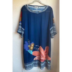 Soft Surroundings XL Tunic Dress Sheer Swim Coverup Navy Hibiscus Floral Pockets